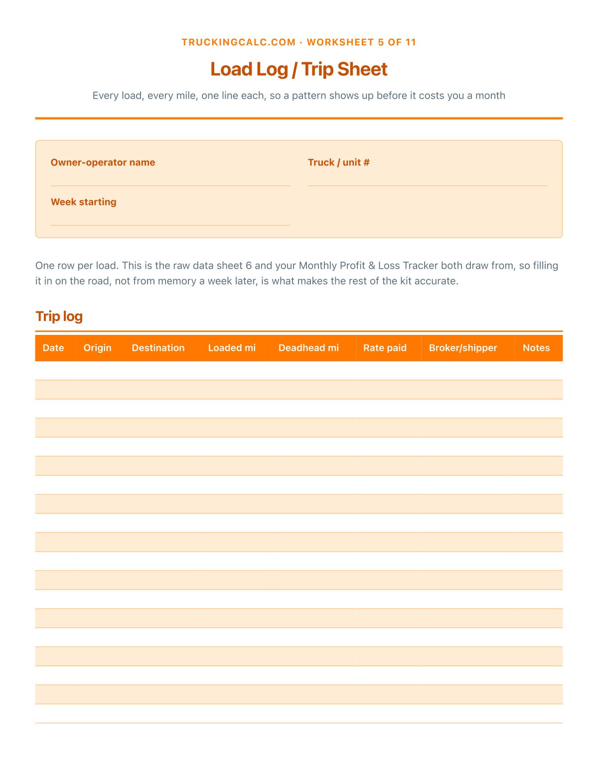 Load Log / Trip Sheet